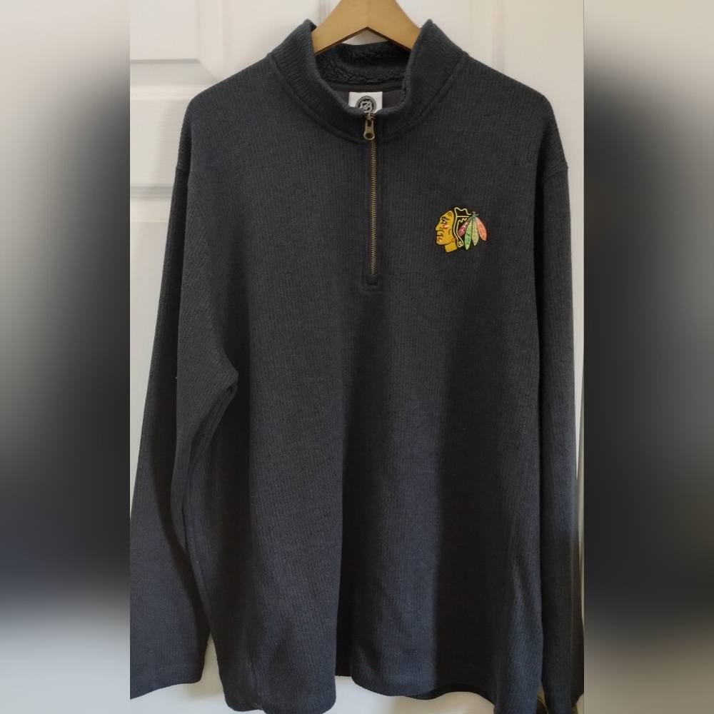 Chicago Blackhawk NHL Charcoal Quarter-Zip Sweater with Logo